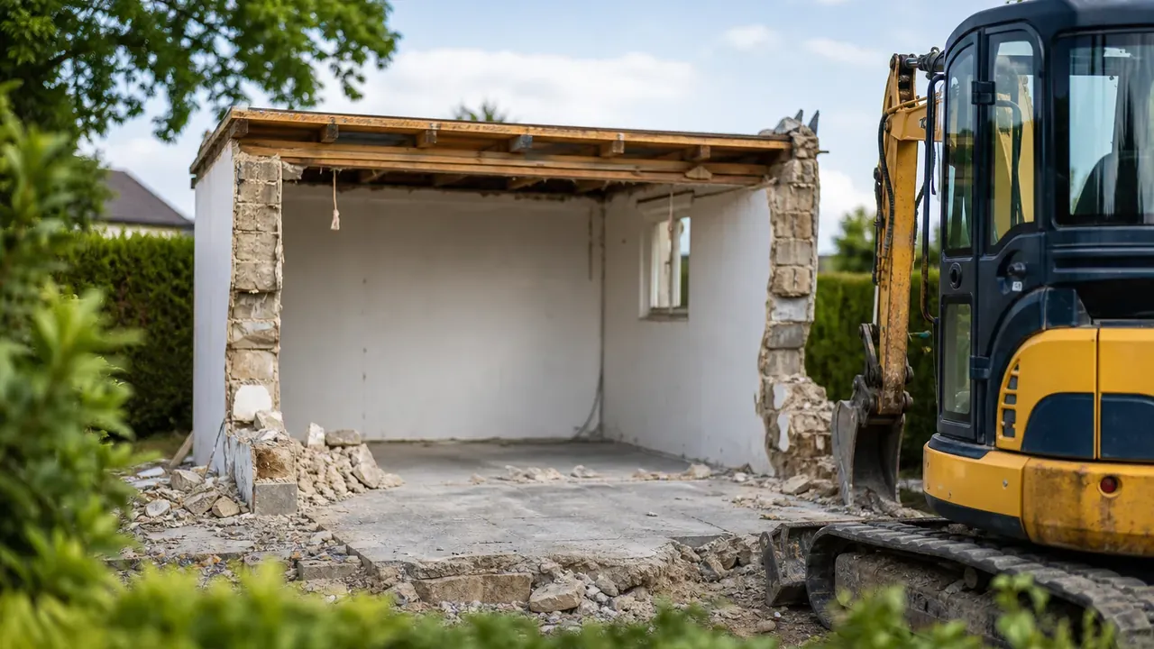 Teilweise abgerissenes Gartengebäude mit Bauschutt auf der Bodenplatte und Minibagger daneben
