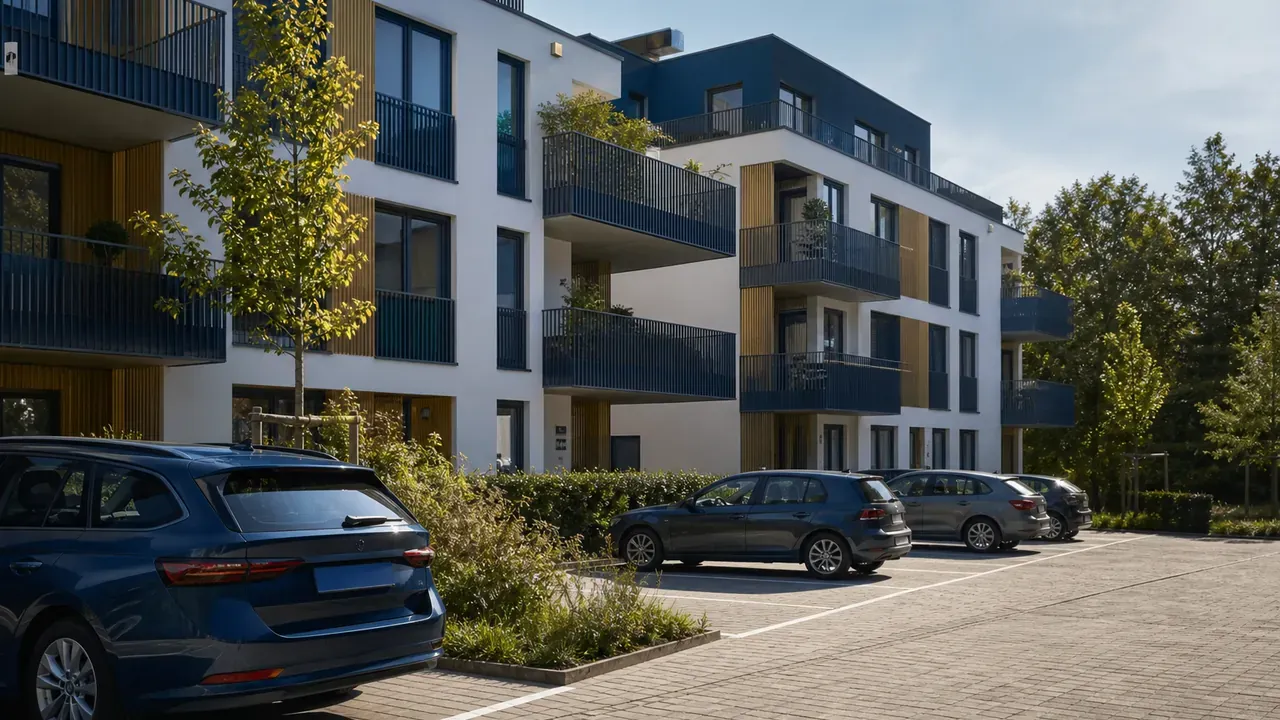 Wohnhof mit markierten Stellplätzen vor einem neuen Mehrfamilienhaus