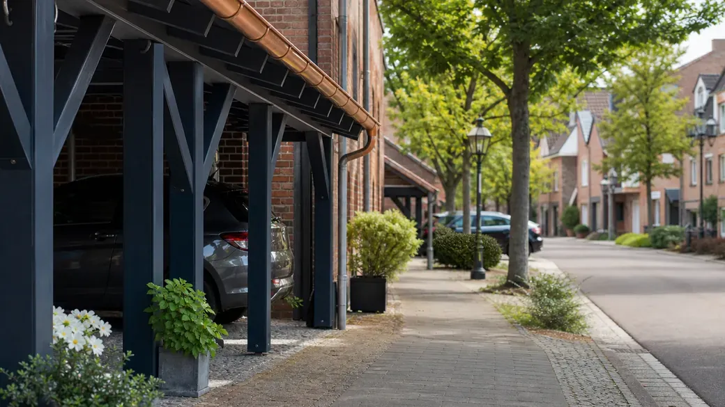 Wohnstraße mit offenen Carports an einem Ziegelhaus und Bäumen am Gehweg