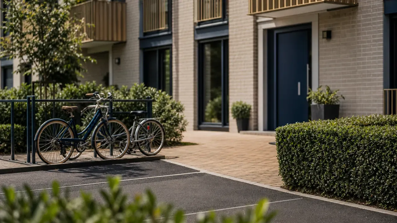 Wohnhof mit Fahrradständern und markierten Stellplätzen vor einem Mehrfamilienhaus