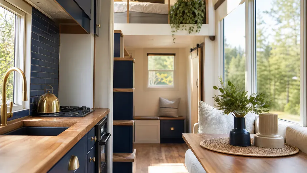 Kompakter Innenraum eines Tiny House mit Einbaumöbeln