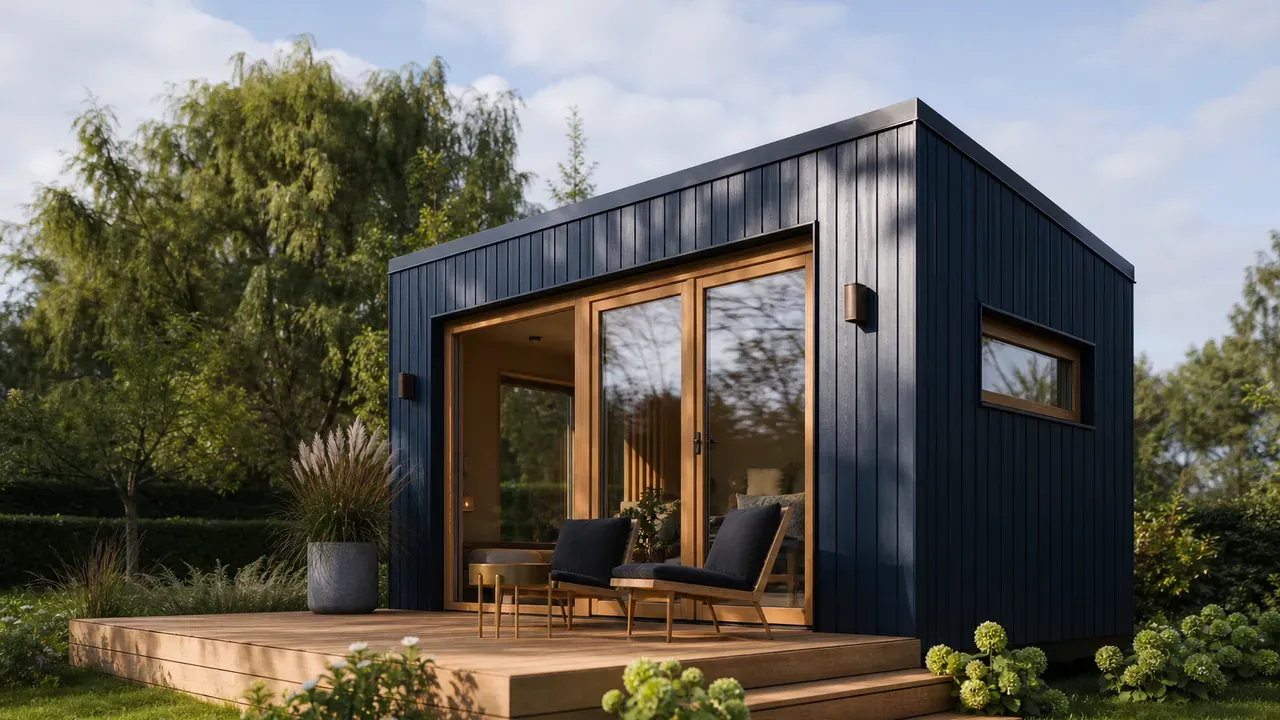 Kleines modernes Tiny House auf einem grünen Grundstück mit Holzterrasse