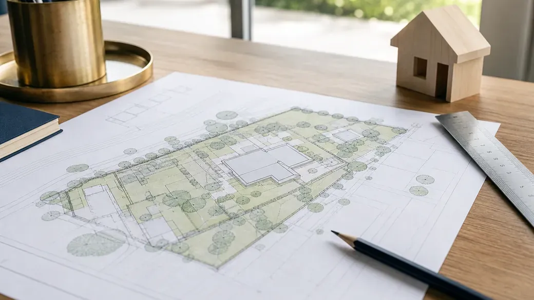 Lageplan und Lineal auf einem Tisch, daneben ein kleines Holzmodell eines Hauses am Fenster