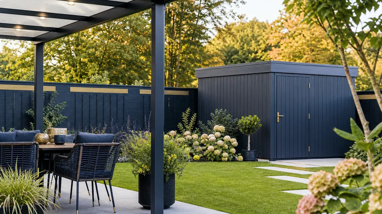 Garten mit kleinem Gerätehaus, Zaun und Terrassenüberdachung